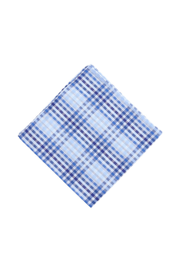 Simonnot-Godard Hampton Blue Plaid Cotton Pocket Square 