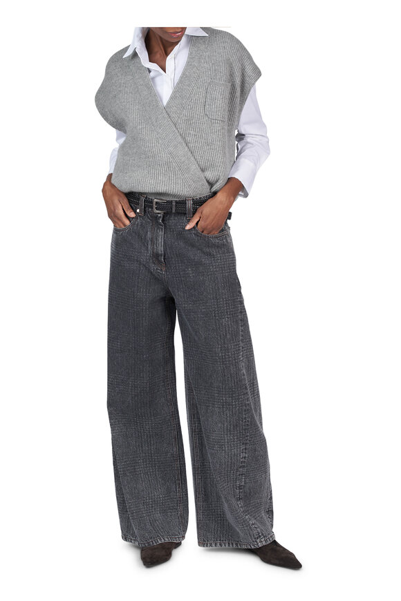 Brunello Cucinelli Charcoal Gray Prince Of Wales Wide Barrel Leg Jean - view 4