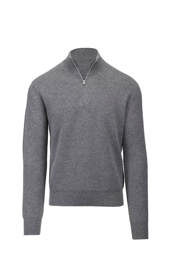 Ralph Lauren Purple Label Textured Gray Melange Cashmere Quarter-Zip Sweater - view 1