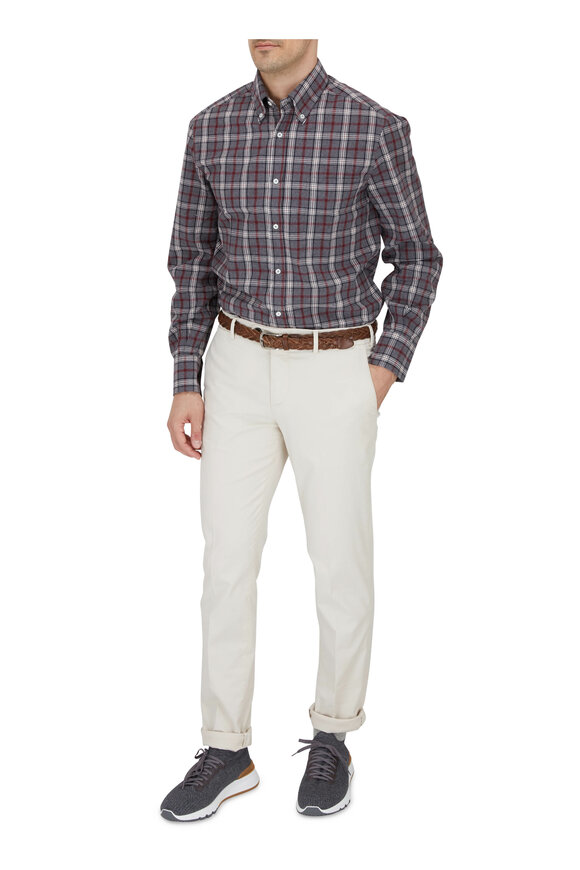 Brunello Cucinelli - Gray & Red Plaid Check Basic Fit Sport Shirt 