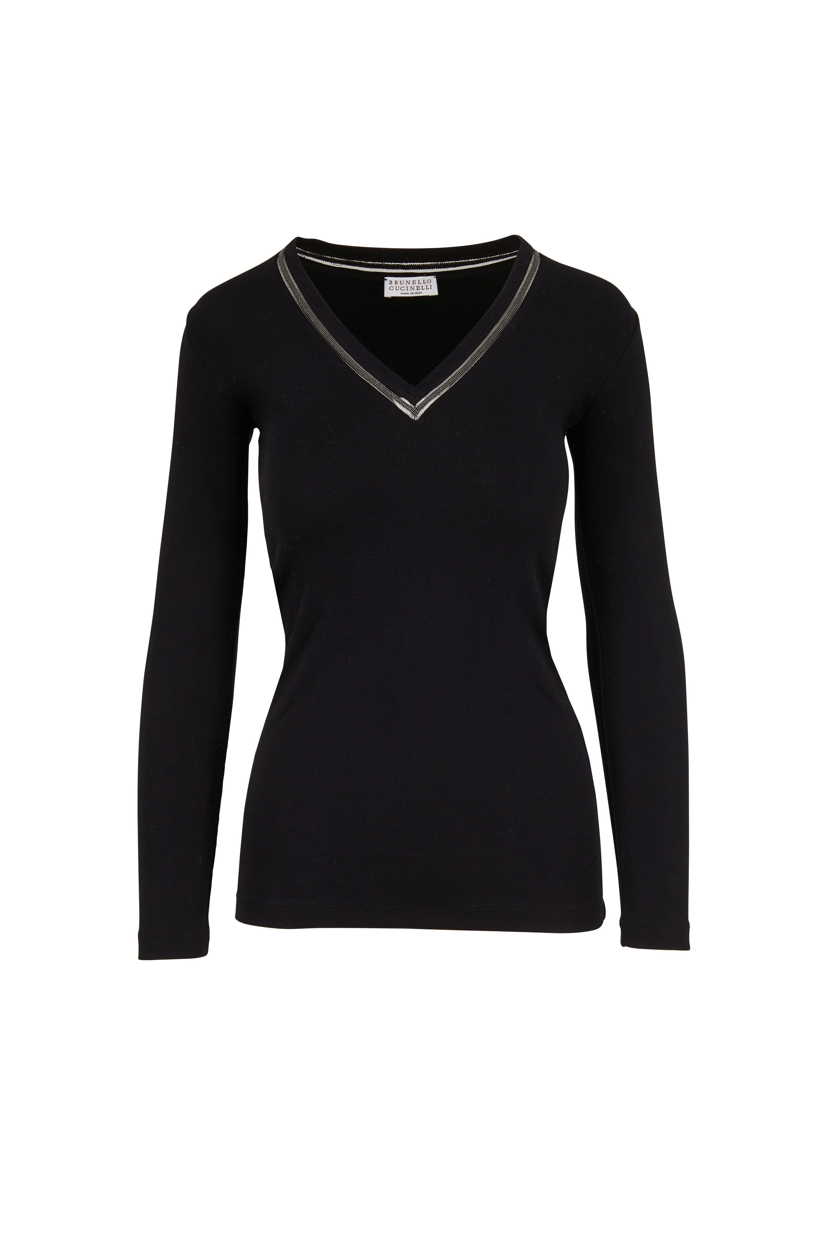 Brunello Cucinelli - Black Tulle & Monili V-Neck Long Sleeve Top