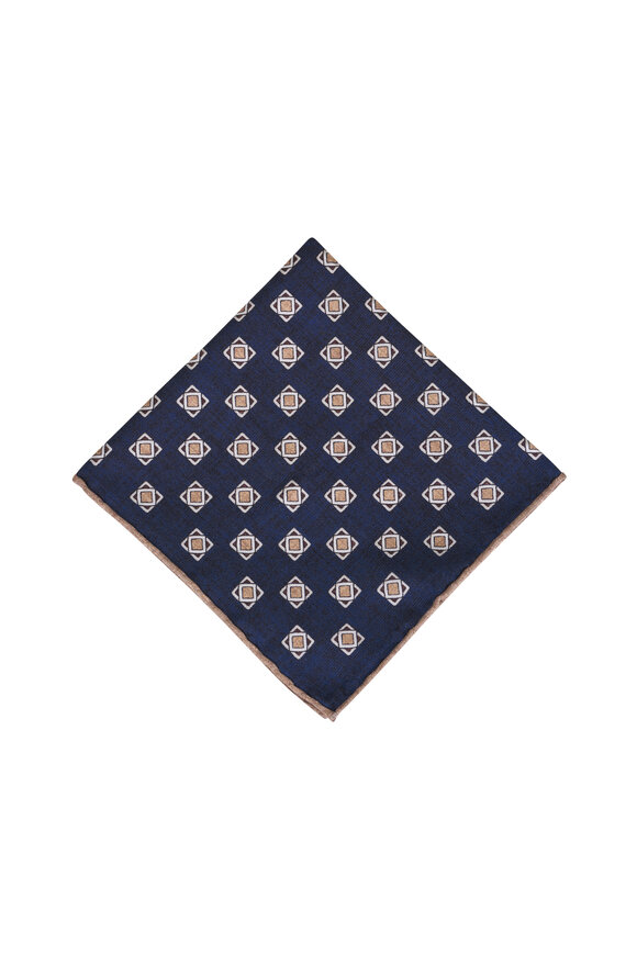 Brunello Cucinelli Navy & Natural Double Sided Silk Pocket Square - view 1