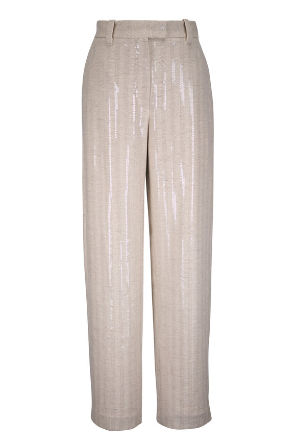 Brunello Cucinelli Buff Wool & Cashmere Paillette Herringbone Pant