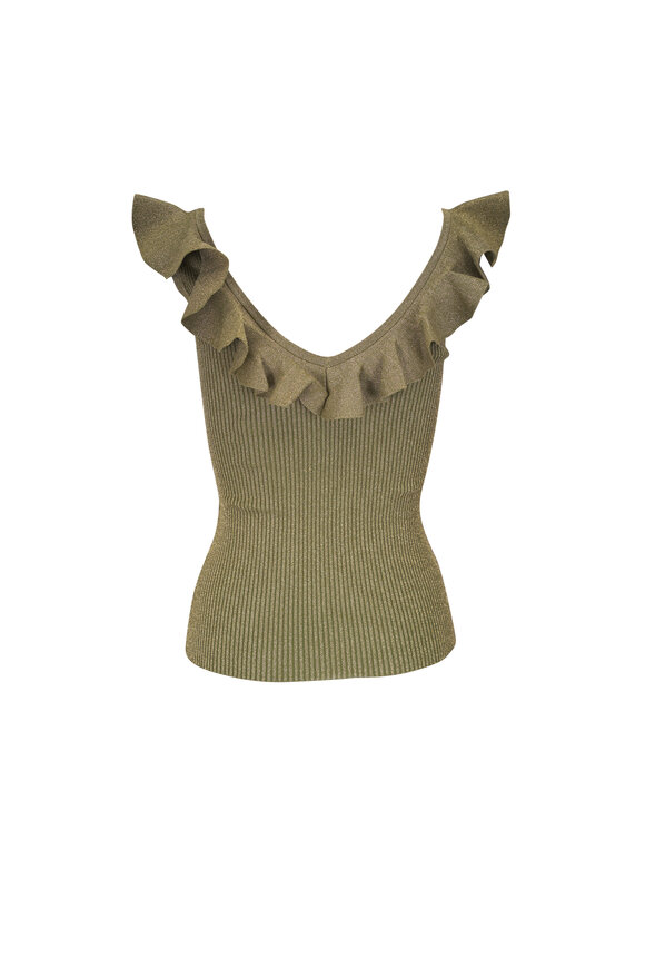 Zimmermann - Wylie Dusty Olive Gold Frill V-Neck Top