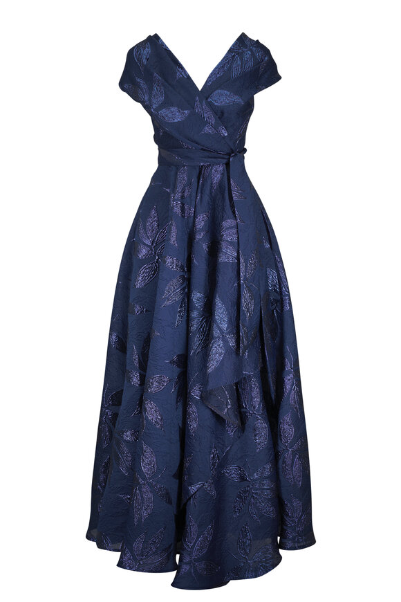 Talbot Runhof Navy Blue Peony Jacquard Print Evening Gown - view 1