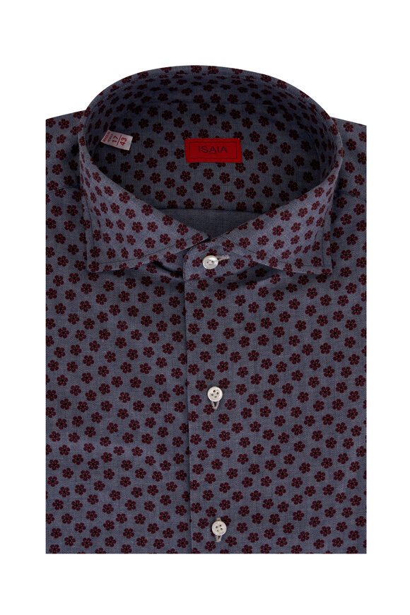 Isaia - Blue & Red Floral Print Cotton Dress Shirt 