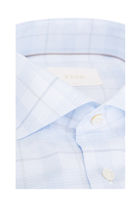 Eton Light Blue Plaid Cotton & Linen Dress Shirt - view 6