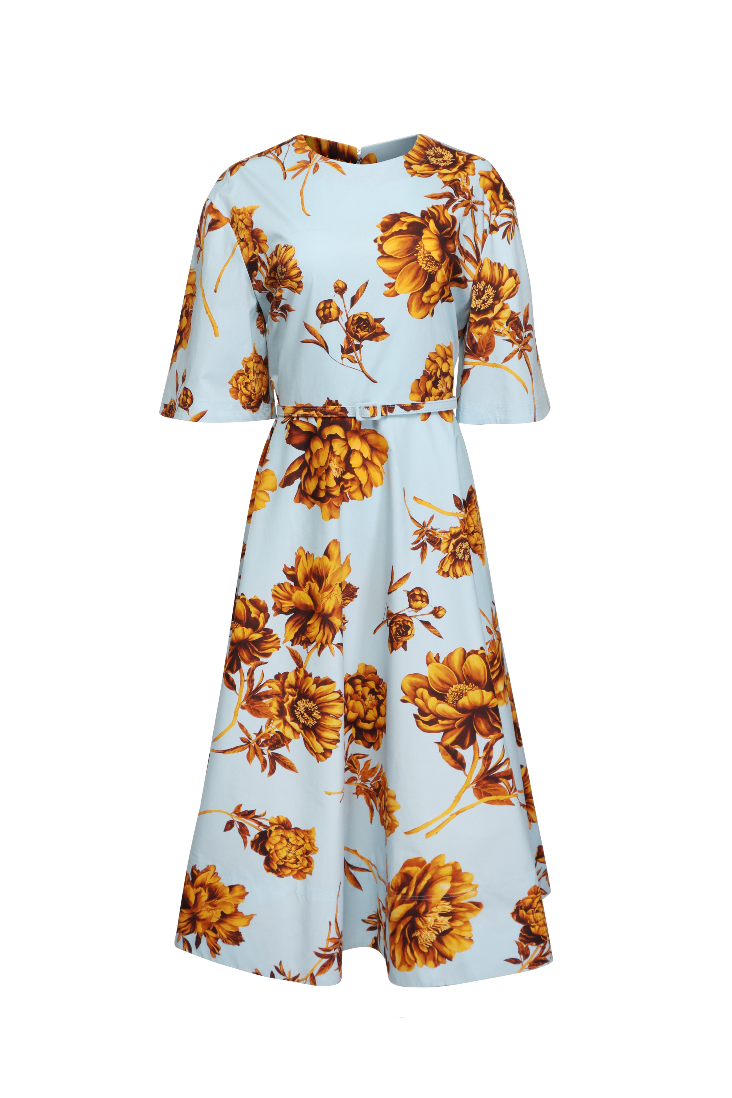 Oscar de la Renta - Blue & Brown Peony Print Midi Dress