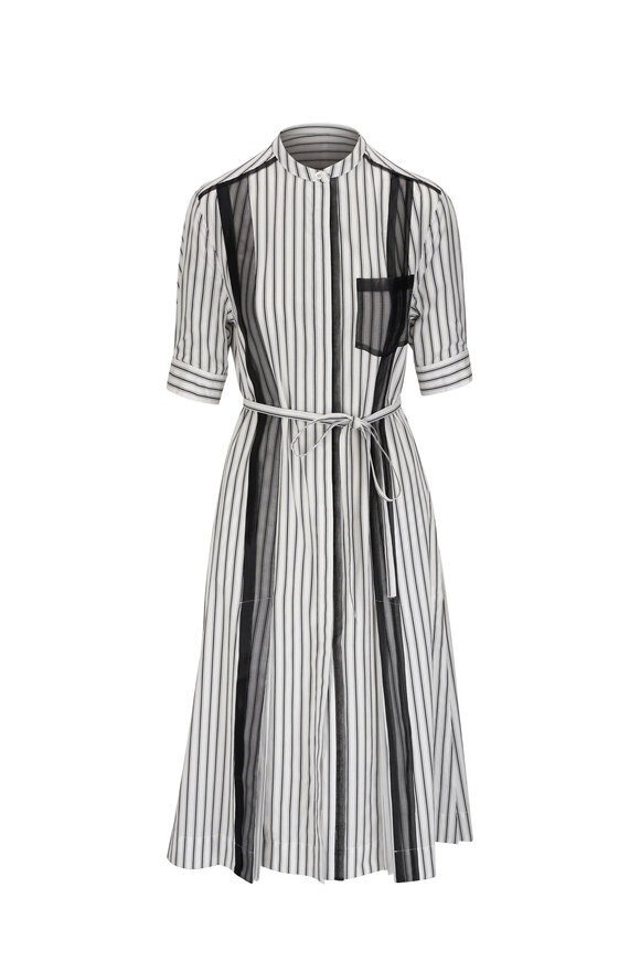 3.1 Phillip Lim - White & Navy Striped Cotton & Organza Shirt Dress 