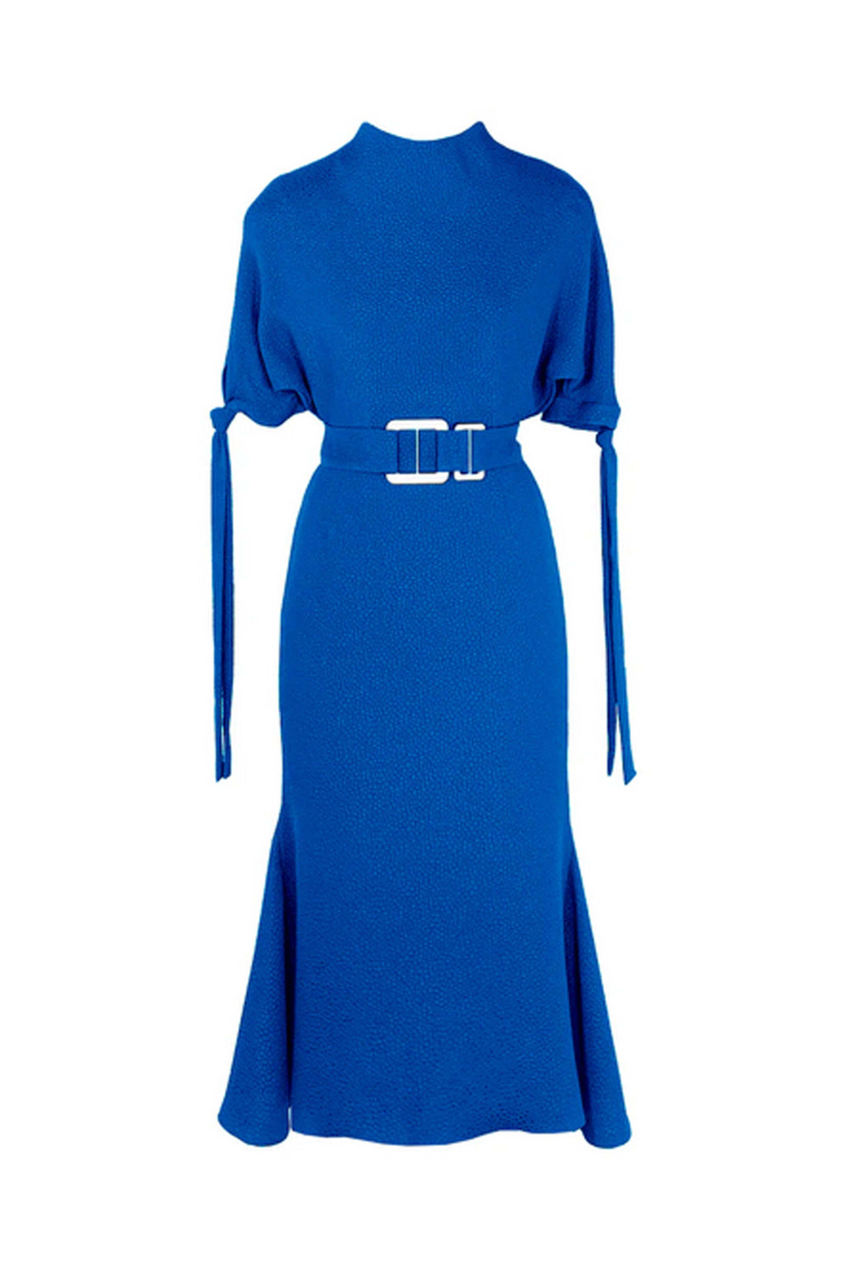 Edeline Lee - Lapis Bubble Jacquard Belted Pedernal Midi Dress