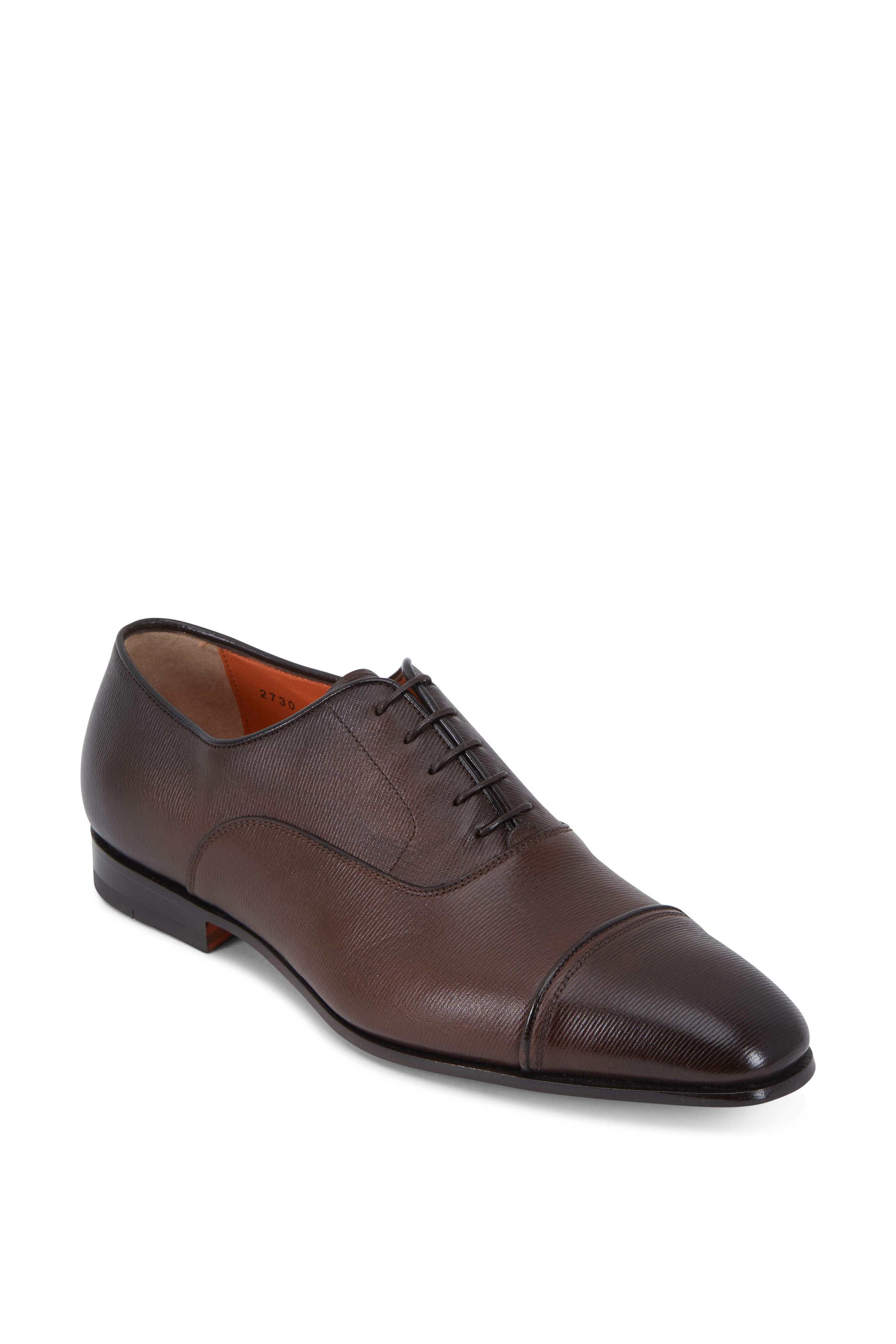 Santoni - Iafet Dark Brown Textured Leather Cap-Toe Oxford