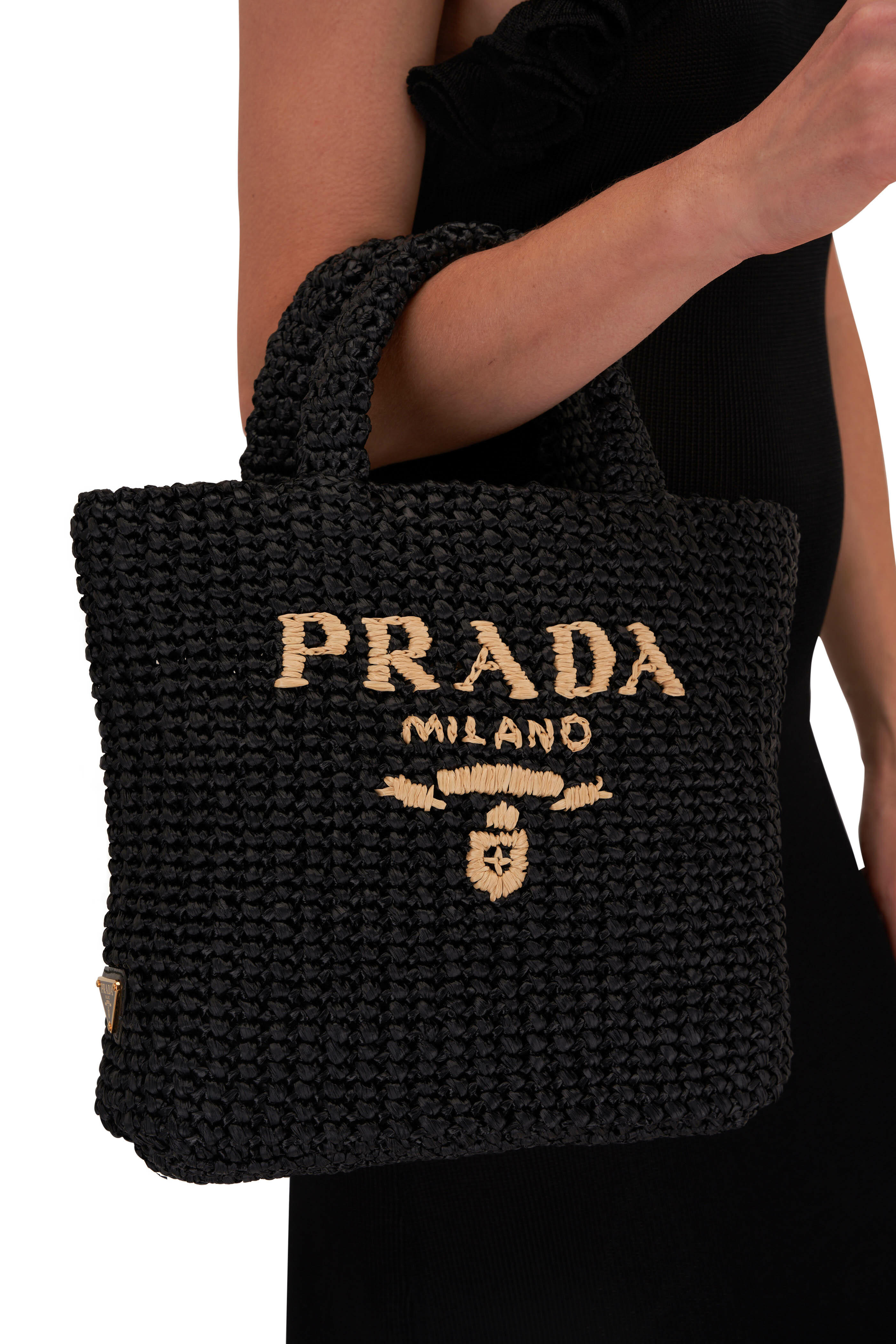 prada black raffia bag