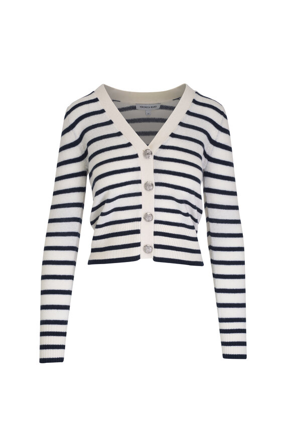 Veronica Beard Solene Navy & Ivory Striped Cashmere Cardigan