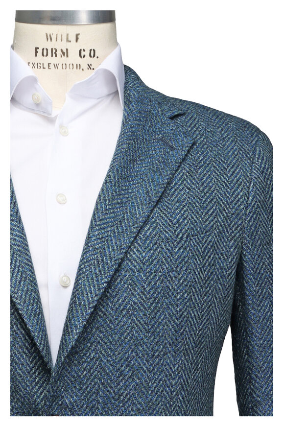 Cesare Attolini Royal Blue & Green Herringbone Sportcoat - view 1