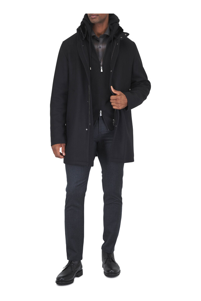 Designer outfit featuring Black Wool Padded Overcoat, Mahogany Ombre Check Cotton Sport Shirt and 1 other piece