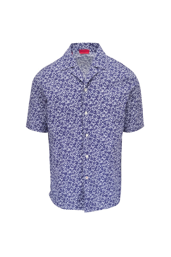 Isaia Admiral Blue Floral Print Seersucker Camp Shirt
