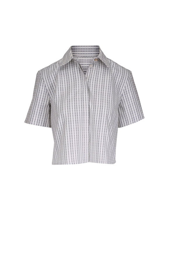 Agnona White & Gray Textured Plaid Cotton & Silk Blouse