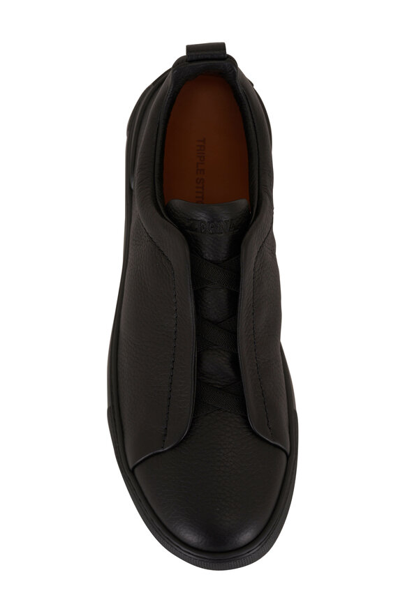 Zegna - Triple Stitch Black Leather Low Top Sneaker