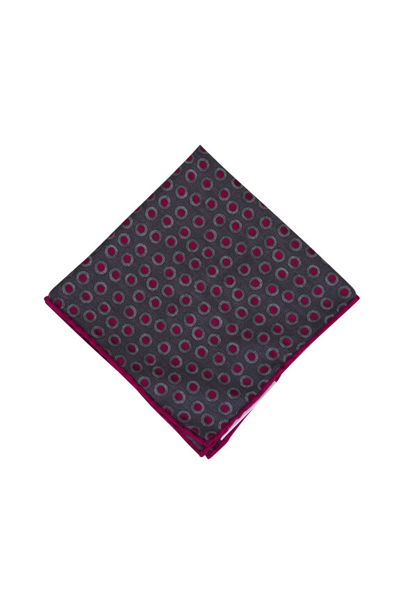 Brunello Cucinelli Red & Gray Macro Pois Silk Pocket Square - view 1