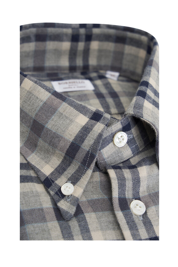 Borriello - Gray & Navy Check Flannel Cotton Dress Shirt 