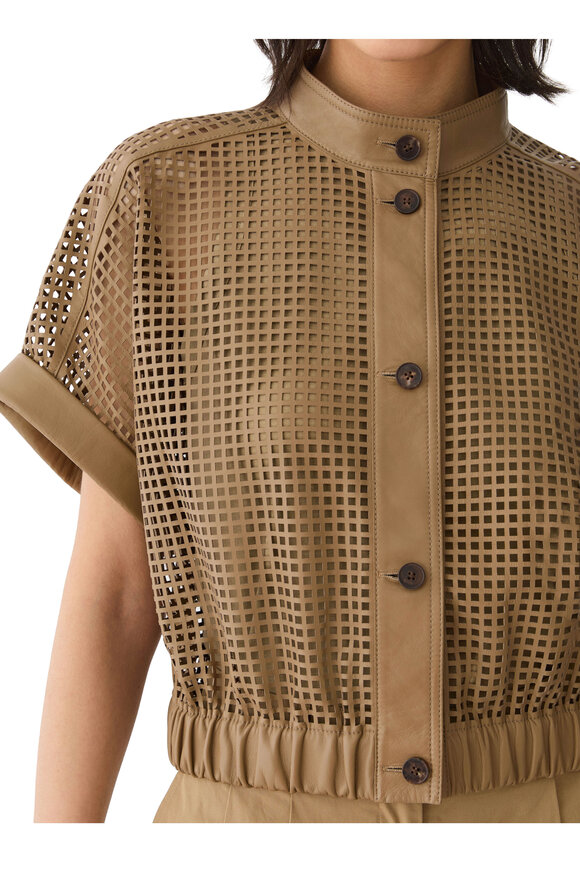 Lafayette 148 New York Laser Cut Grid Green Clay Nappa Leather Jacket - view 4