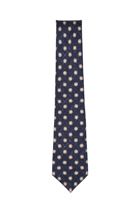 Kiton - Navy Blue & Tan Floral Silk Necktie 