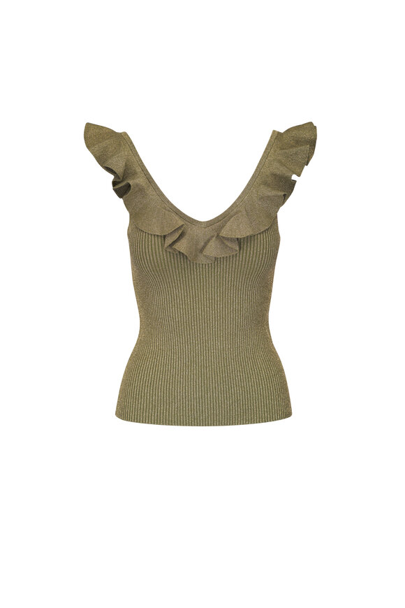 Zimmermann Wylie Dusty Olive Gold Frill V-Neck Top