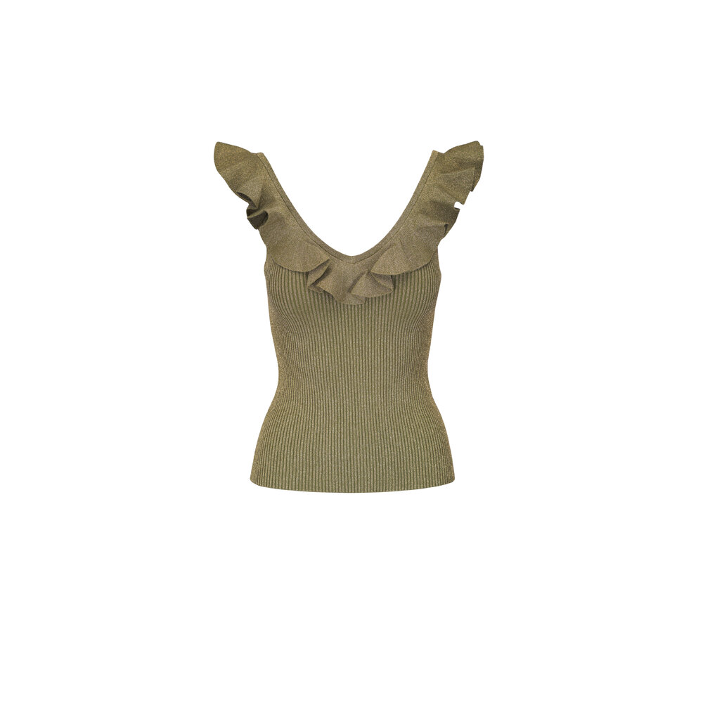 Zimmermann - Wylie Dusty Olive Gold Frill V-Neck Top