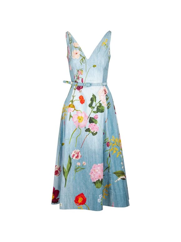 Oscar de la Renta Blue Mixed Botanical Cotton Poplin Dress - view 3