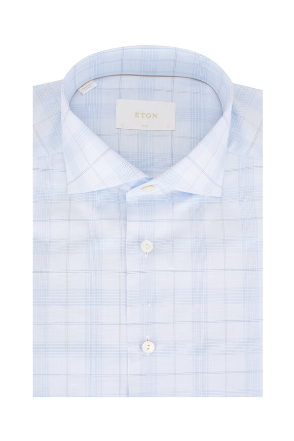 Eton Light Blue Plaid Cotton & Linen Dress Shirt