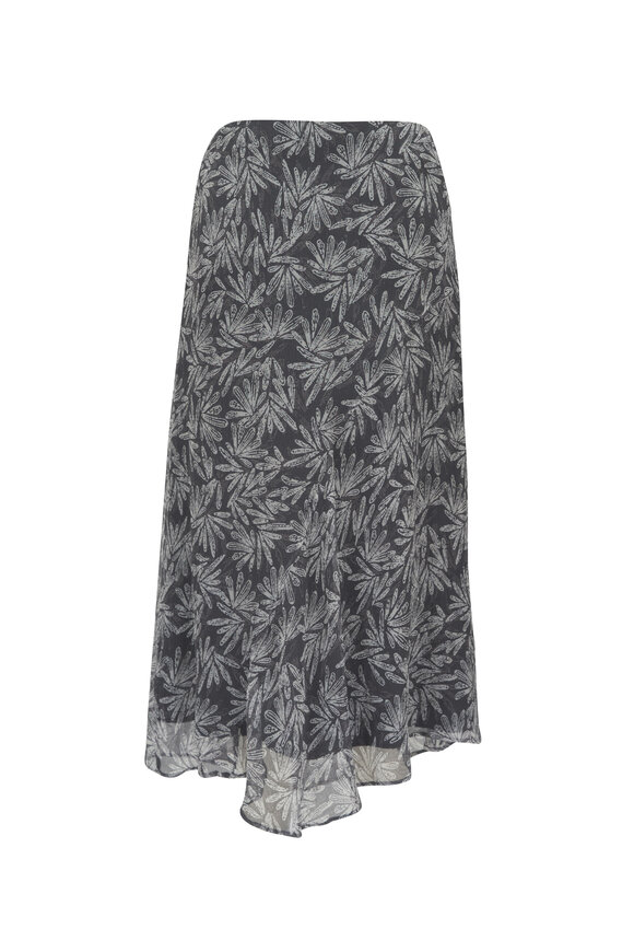 Brunello Cucinelli - Gray Fern Print Silk Midi Skirt 