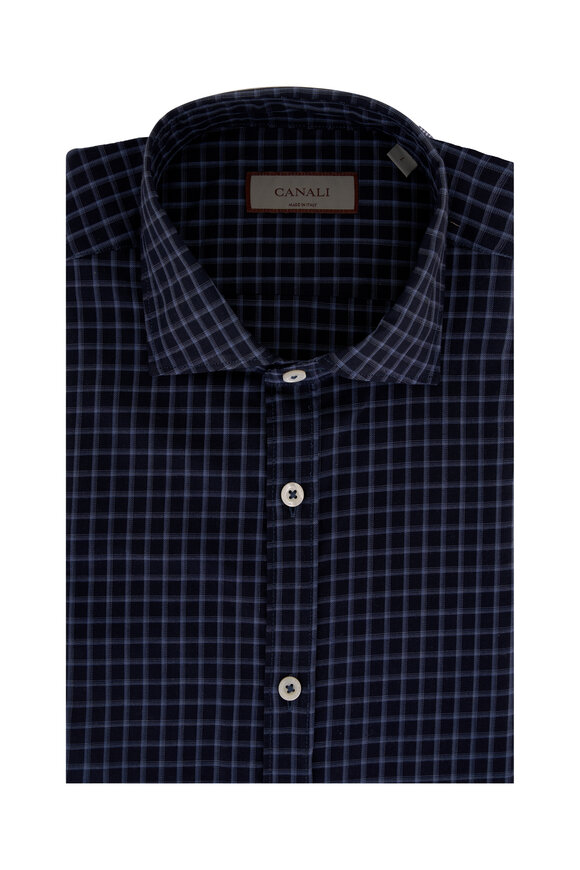 Navy Blue Checkered Dress Shirt