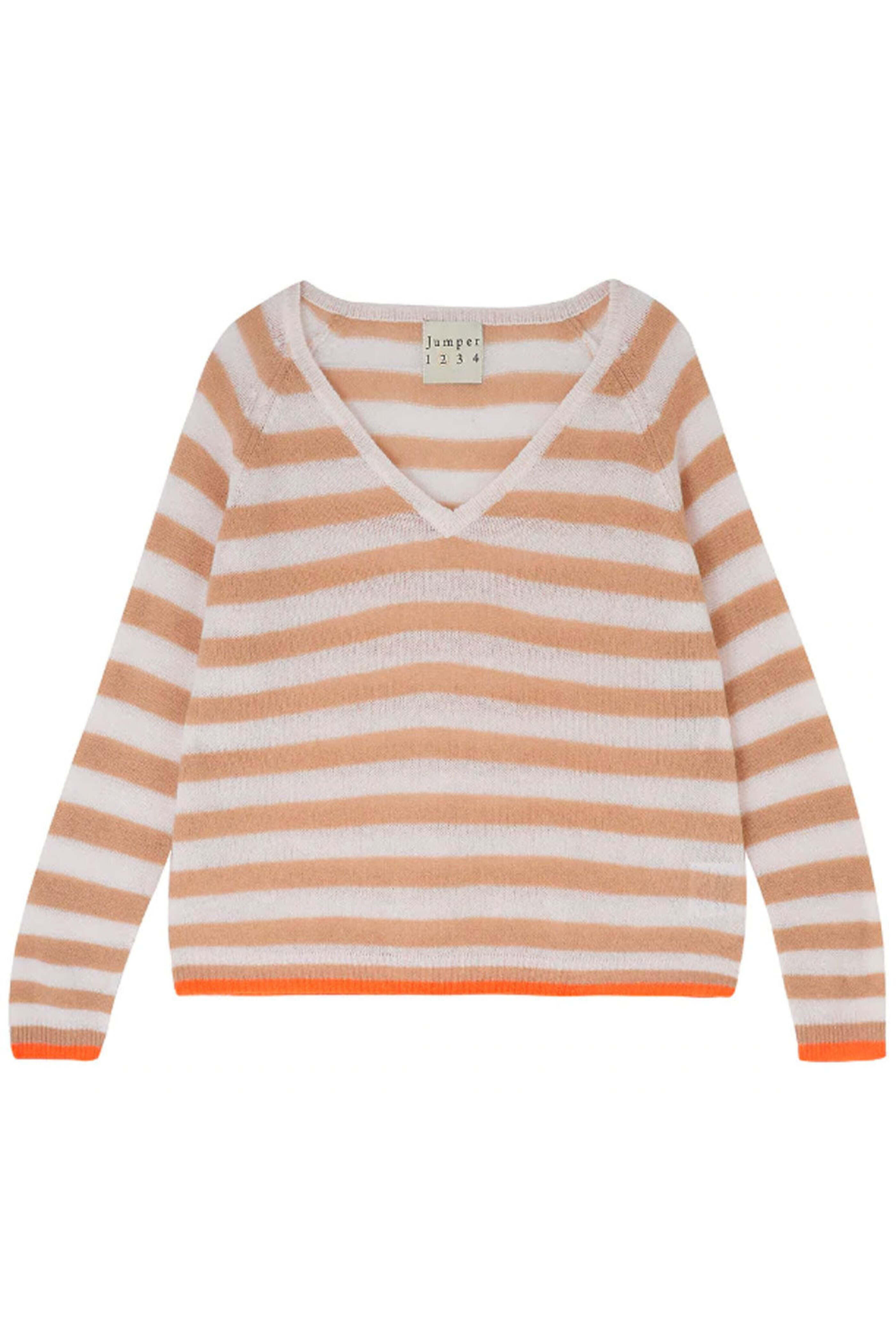 Jumper 1234 - Camel Dawn and Neon Orange Stripe Vee Sweater