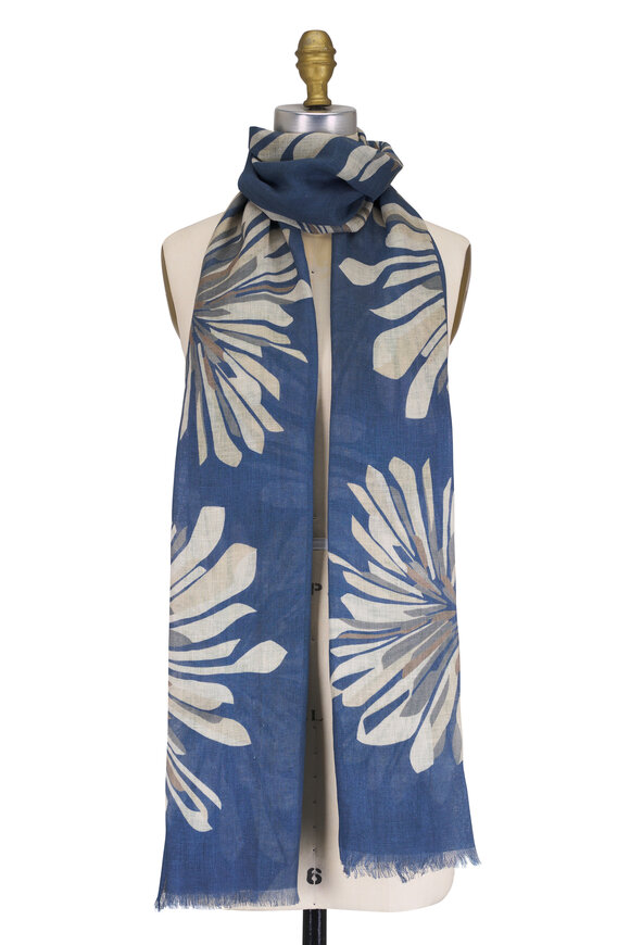 Brunello Cucinelli Blue Abstract Dhalia Print Linen Scarf