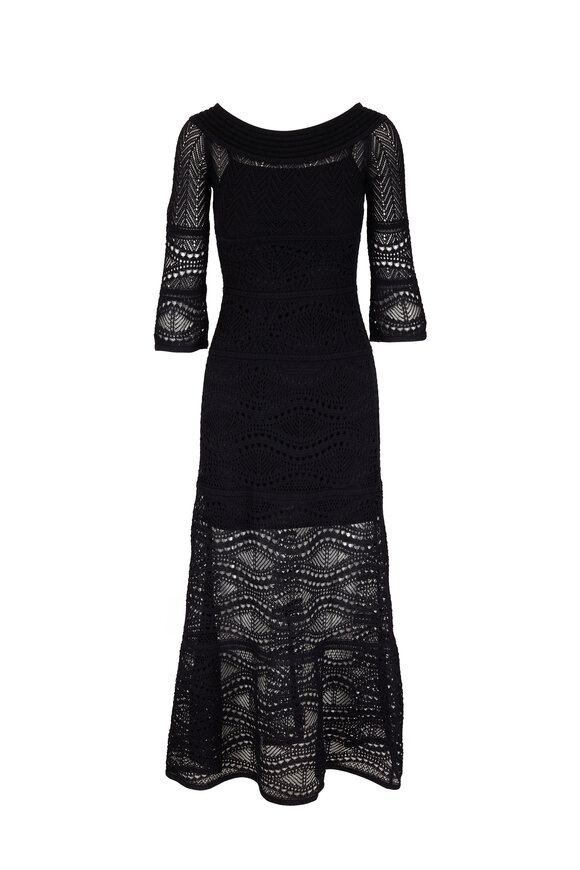D.Exterior - Black Stretch Crochet Knit Long Sleeve Maxi Dress
