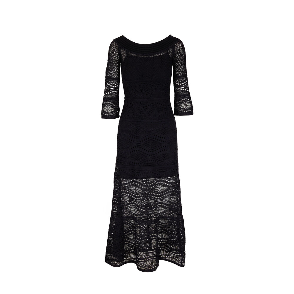 D.Exterior Black Stretch Crochet Knit Long Sleeve Maxi Dress