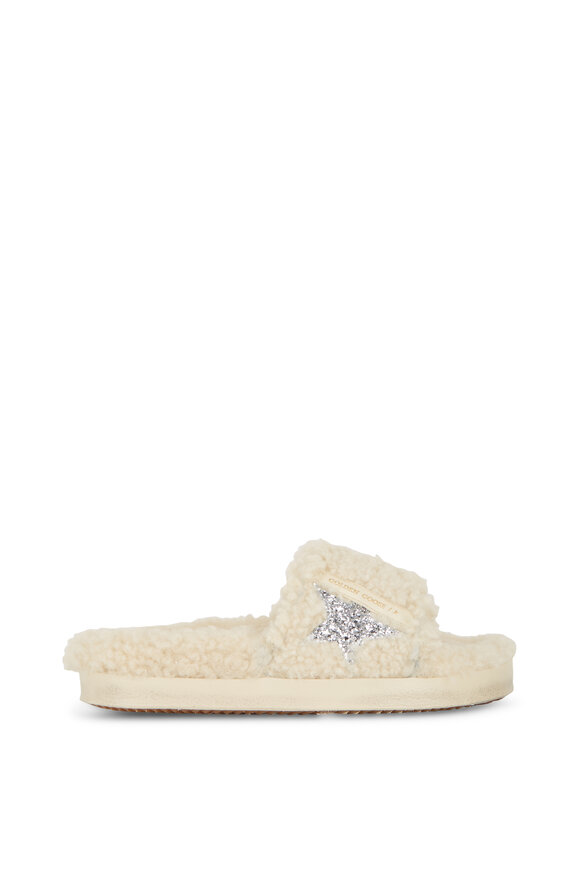 Golden Goose - Poolstar Beige Shearling & Glitter Star Slide