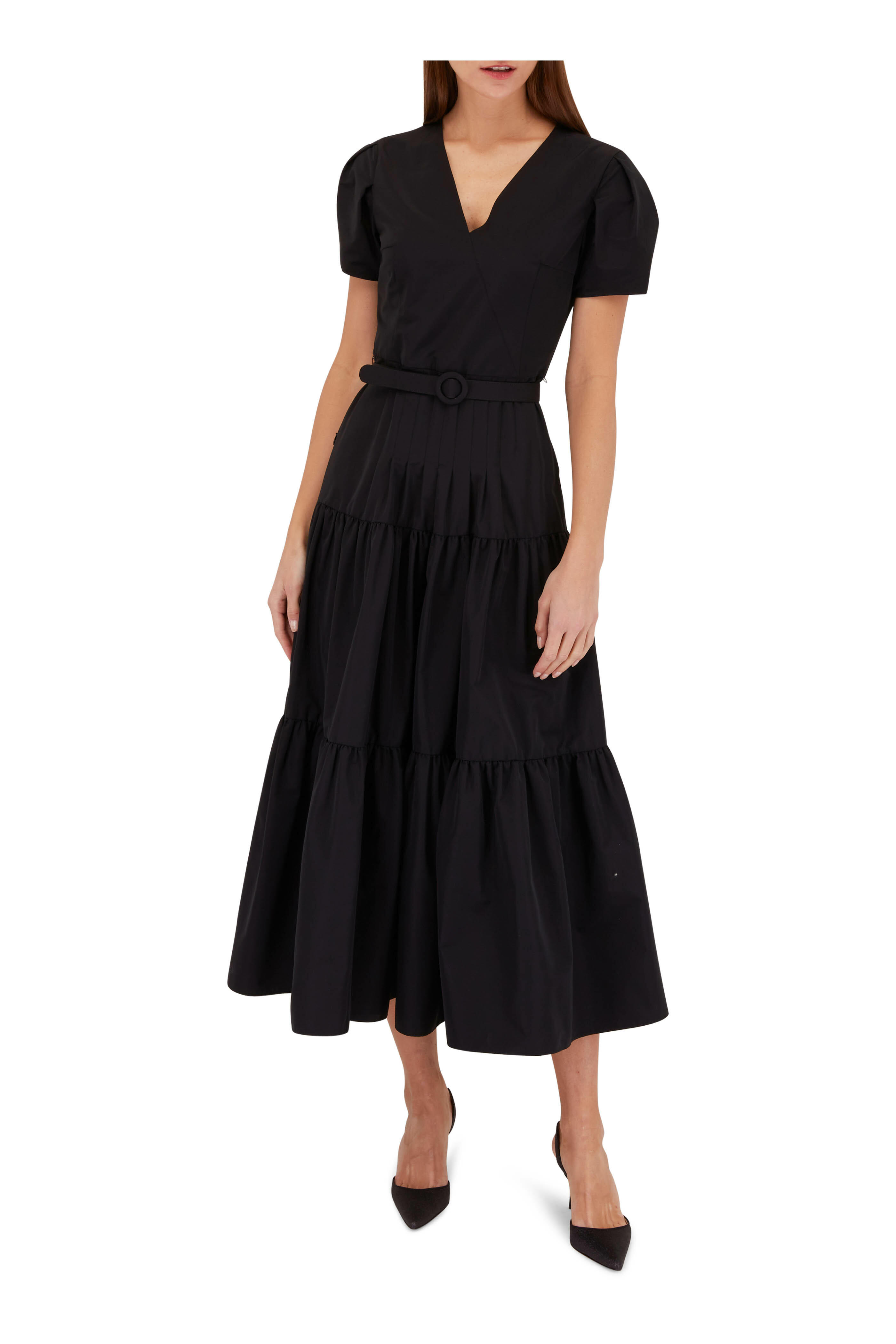 AKRIS PUNTO Black Ribbon Stripe Organza Pleat Skirt V-neck A-Line Midi  Dress 6