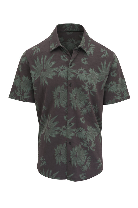 Vince Tossed Blooms Black & Green Cotton Sport Shirt