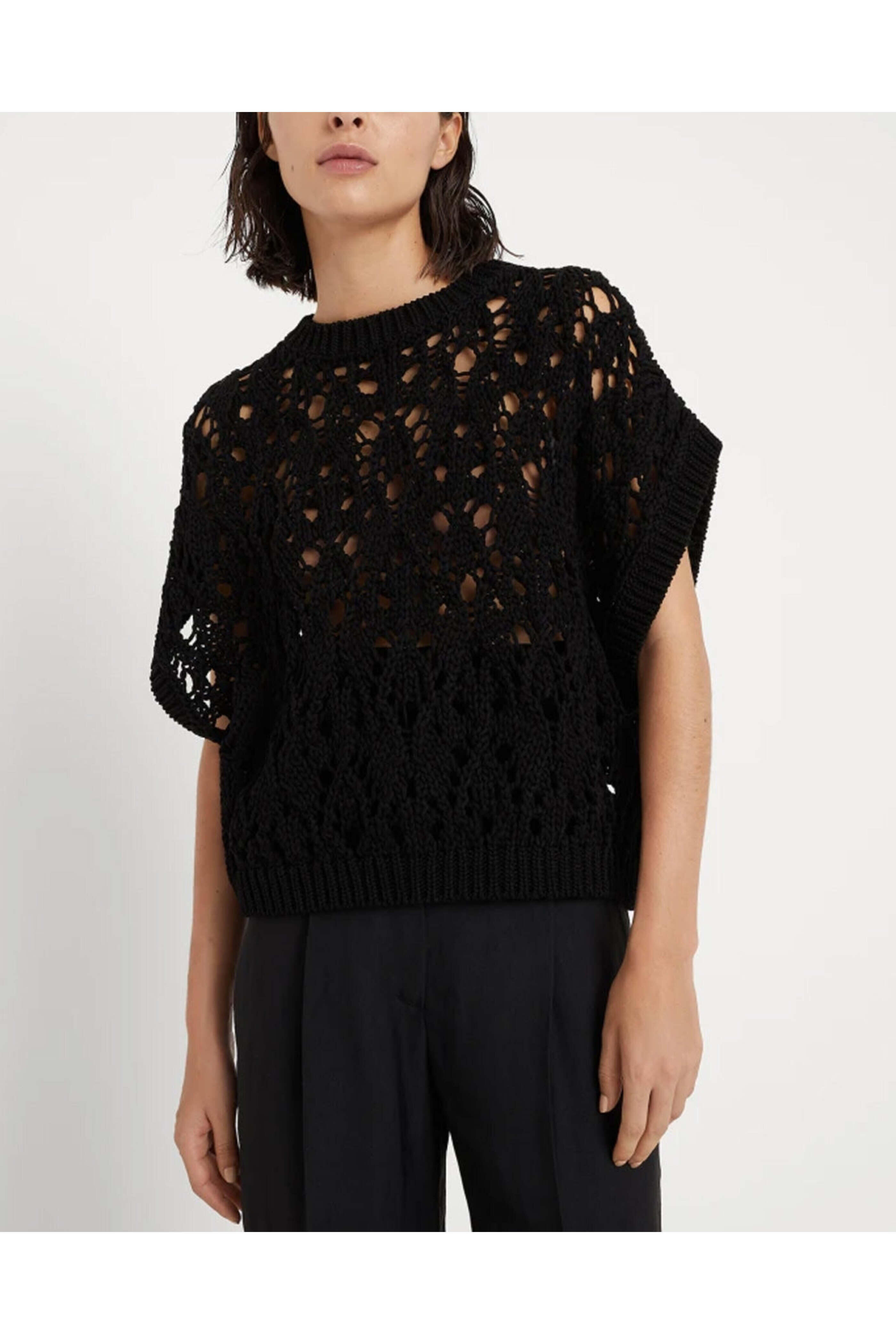 Brunello Cucinelli - Black Net Knit Capsleeve Top