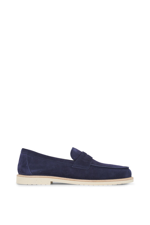 Brunello Cucinelli Navy Blue Suede Penny Loafer - view 3