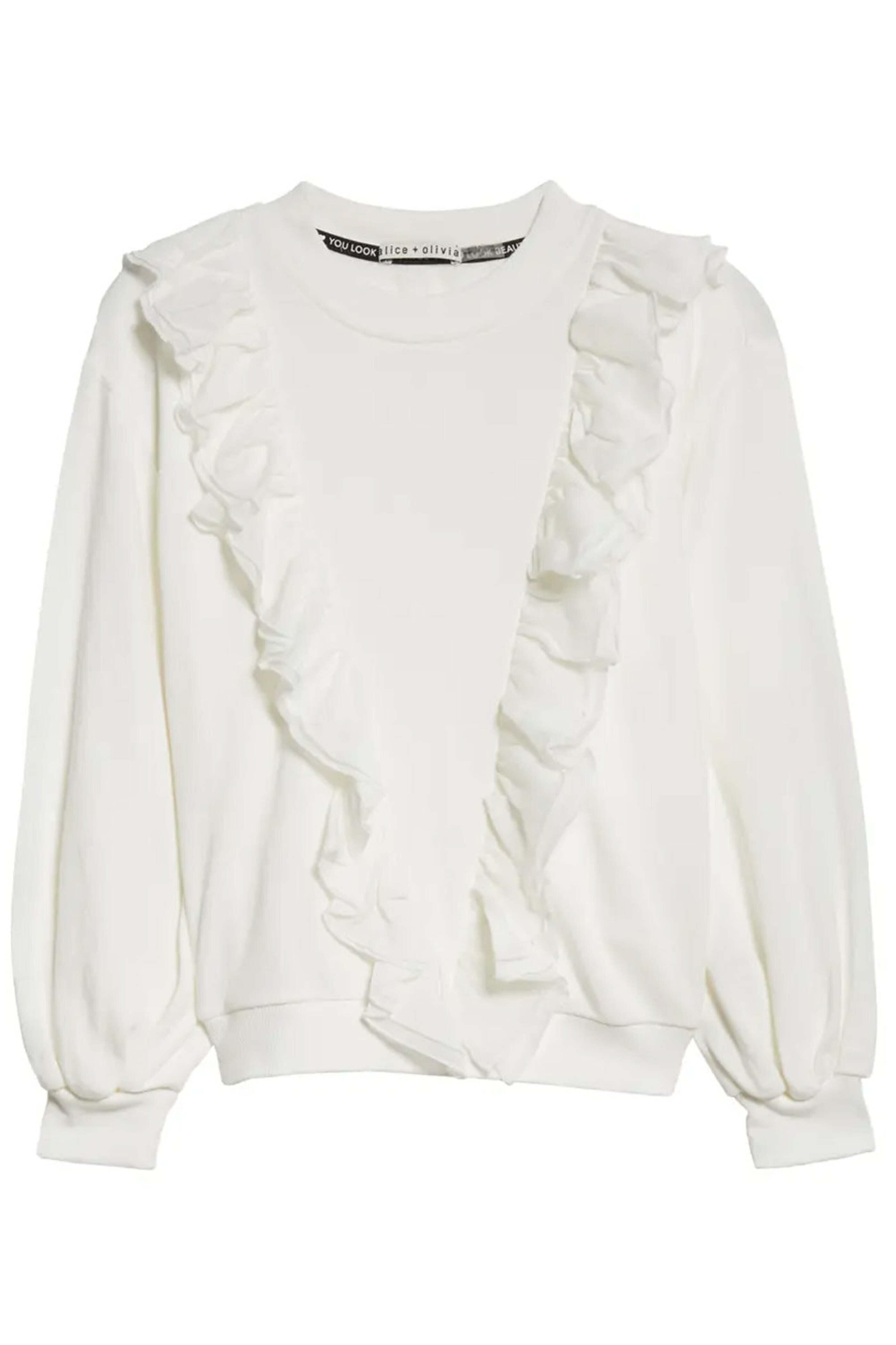 Alice & Olivia - Off White Carrie Ruffle Front Crewneck Sweater