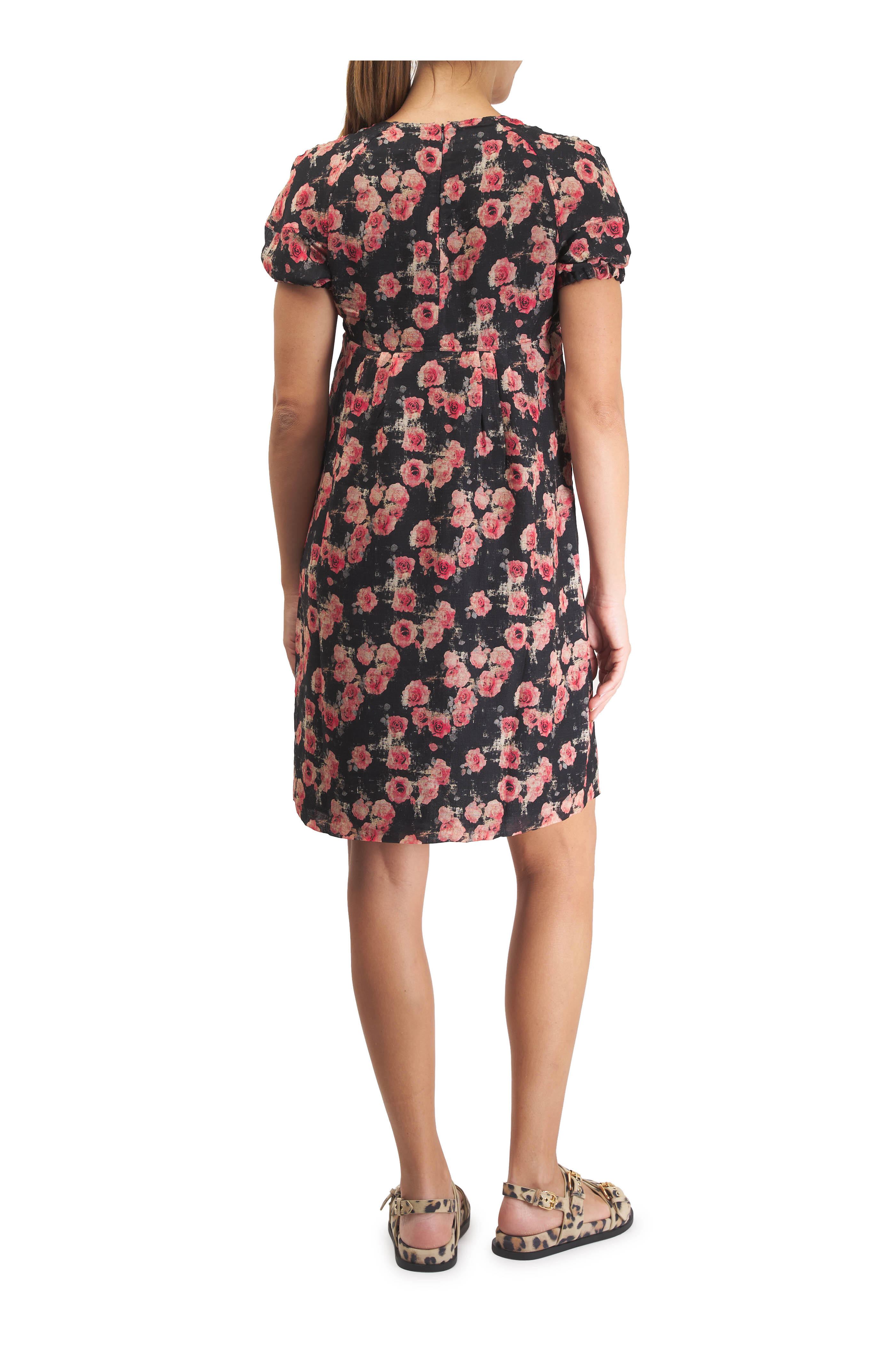 R13 - Black & Red Rose Print Cotton Babydoll Dress