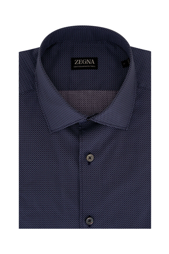 Zegna - Navy Blue Printed Cotton Twill Sport Shirt 