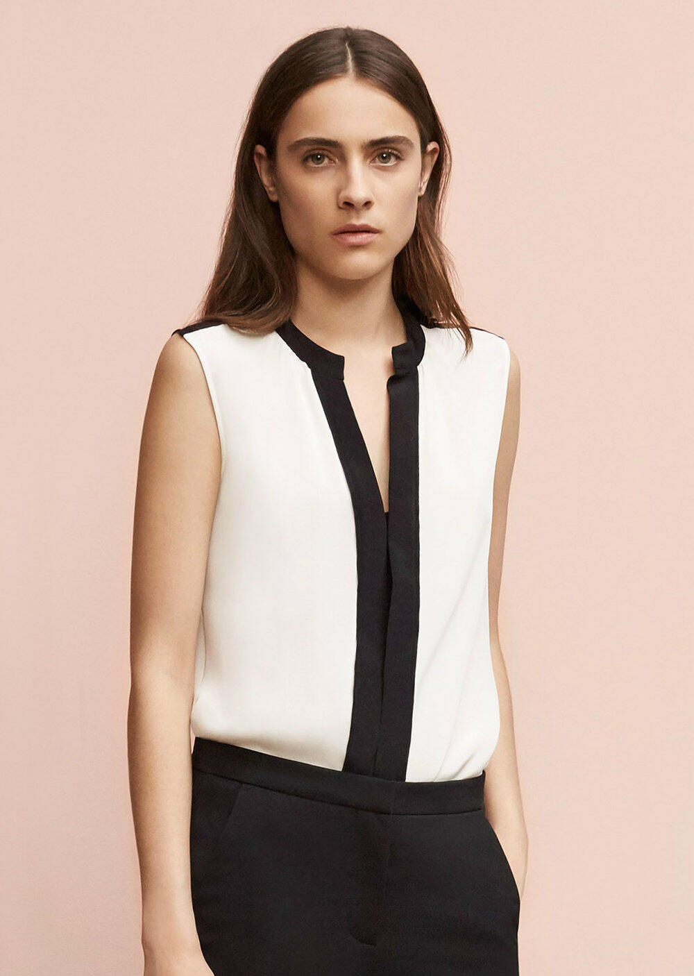 Derek Lam - Ivory & Black Nehru Collar Sleeveless Blouse