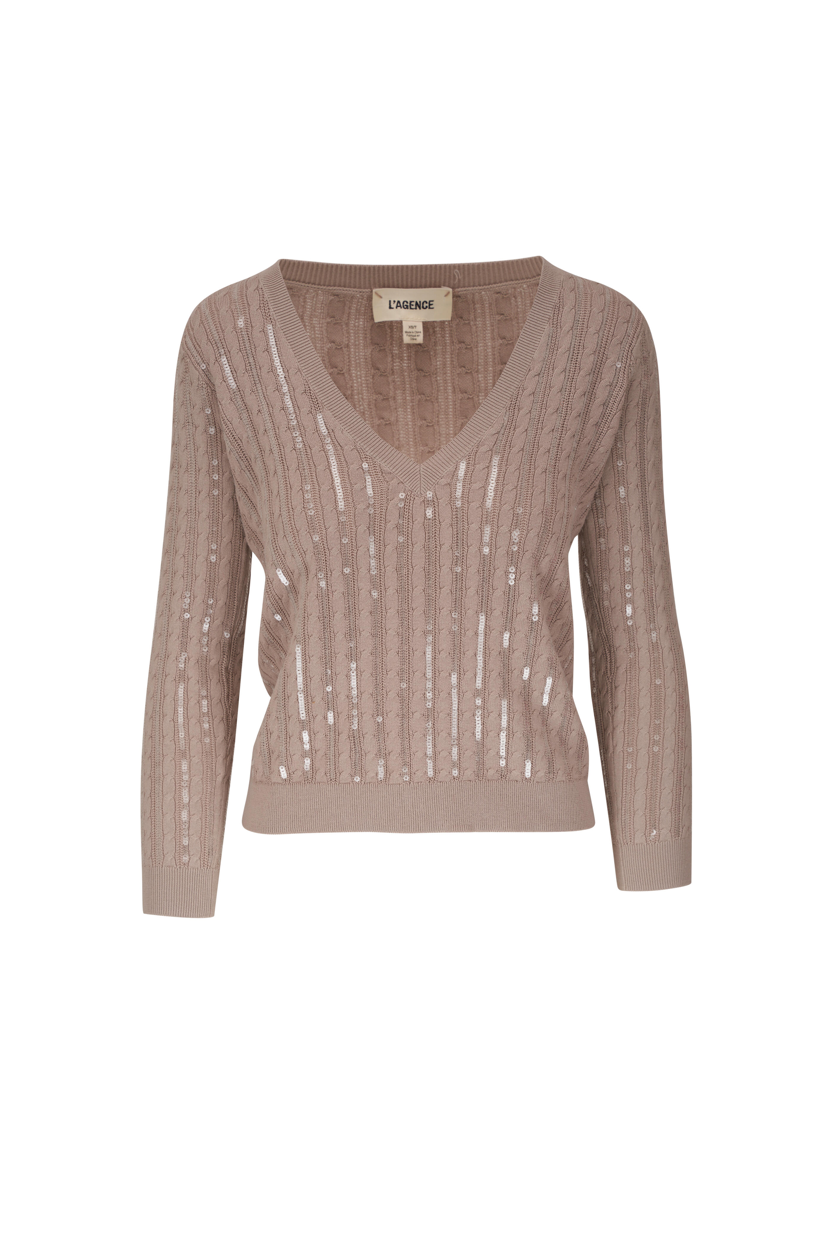 L'AGENCE - Trinity Sequin Stripe V-Neck Sweater in Pale Neutral