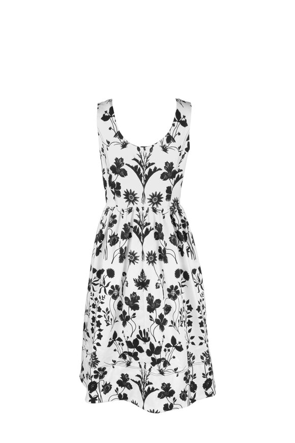 Oscar de la Renta - Black & White Floral Print Sleeveless Midi Dress 