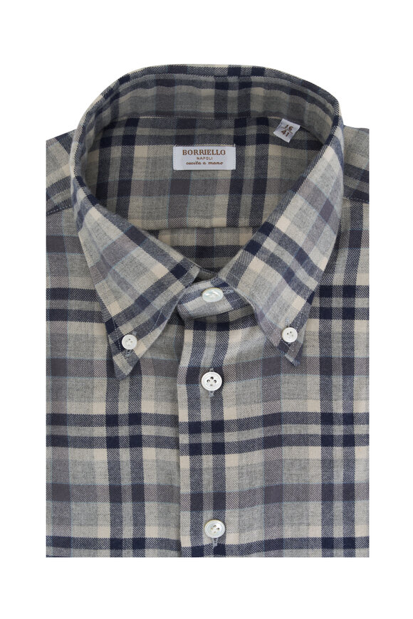 Borriello Gray & Navy Check Flannel Cotton Dress Shirt 