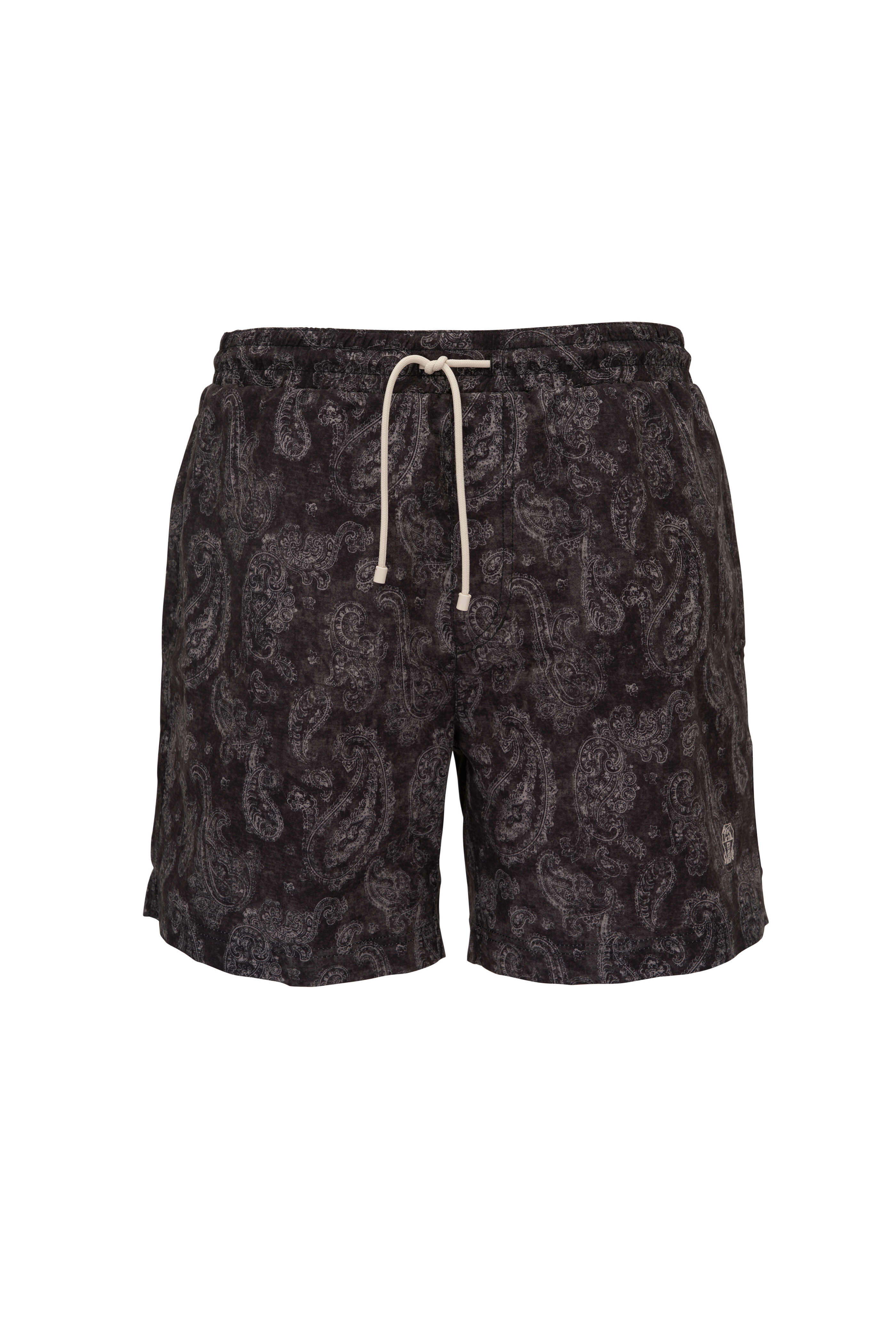 【関税&送料込】Brunello Cucinelli Piquet Sleeveless Down Ja Brunello Cucinelli - Charcoal Gray Paisley Print Swim Trunks
