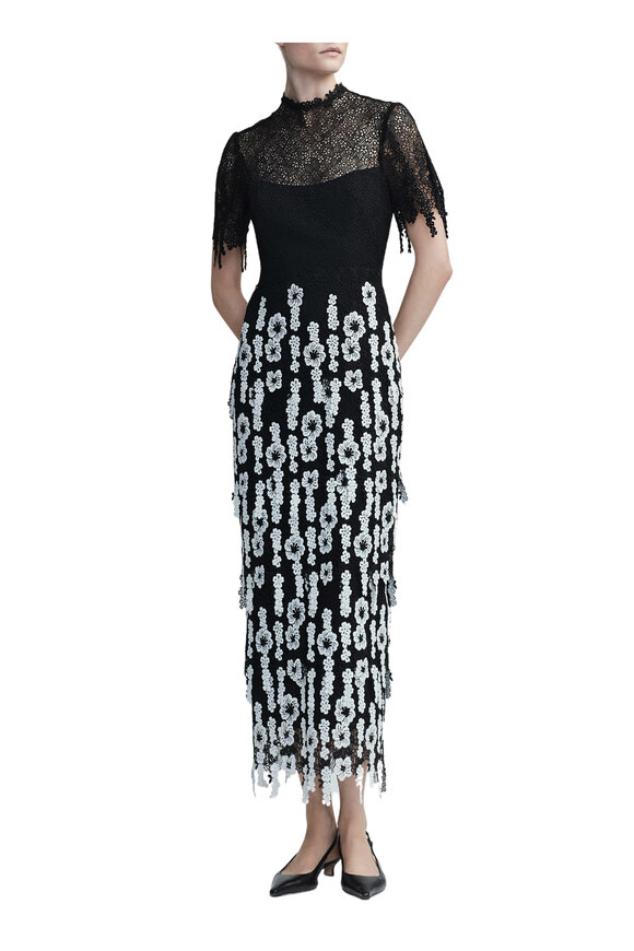 Lela Rose - Black & White Tiered Lace Midi Dress 